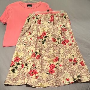 Sag Harbor Sweater and Floral A-Line Skirt in Cream and Red